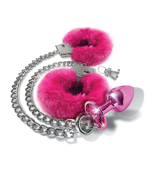 Metal Butt Plug w/Inlaid Jewel & Fur Cuff Set - Pink Metallic