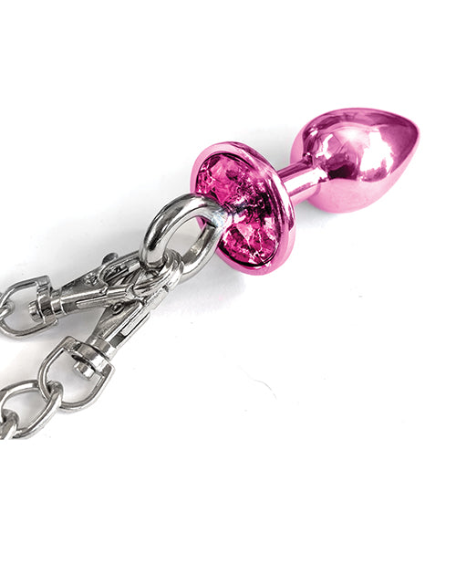Metal Butt Plug w/Inlaid Jewel & Fur Cuff Set - Pink Metallic