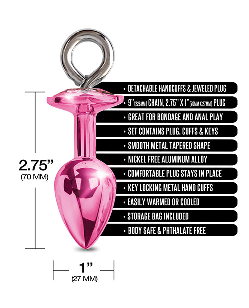 Metal Butt Plug w/Inlaid Jewel & Fur Cuff Set - Pink Metallic