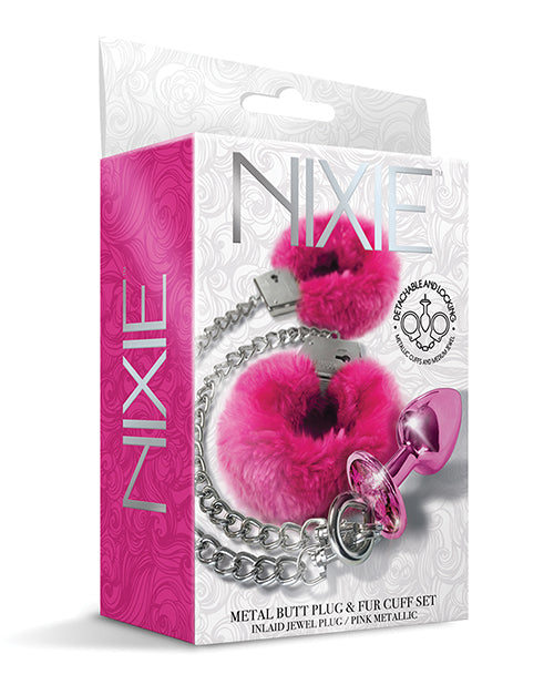 Metal Butt Plug w/Inlaid Jewel & Fur Cuff Set - Pink Metallic