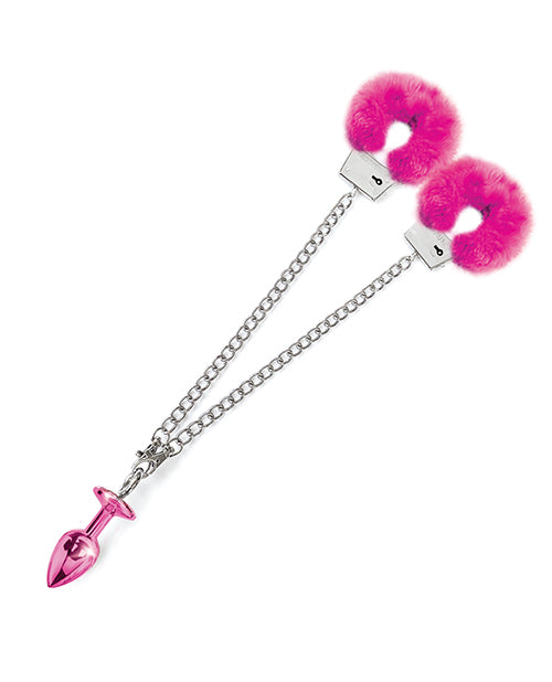 Metal Butt Plug w/Inlaid Jewel & Fur Cuff Set - Pink Metallic