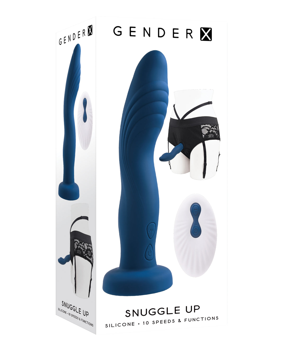 Gender X Snuggle Up Dual-Motor Strap-On Vibe with Lace Harness – Blue