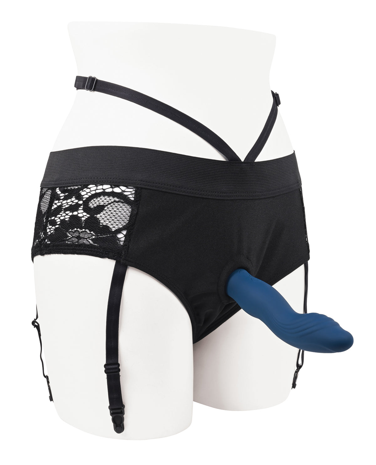 Gender X Snuggle Up Dual-Motor Strap-On Vibe with Lace Harness – Blue – view 3
