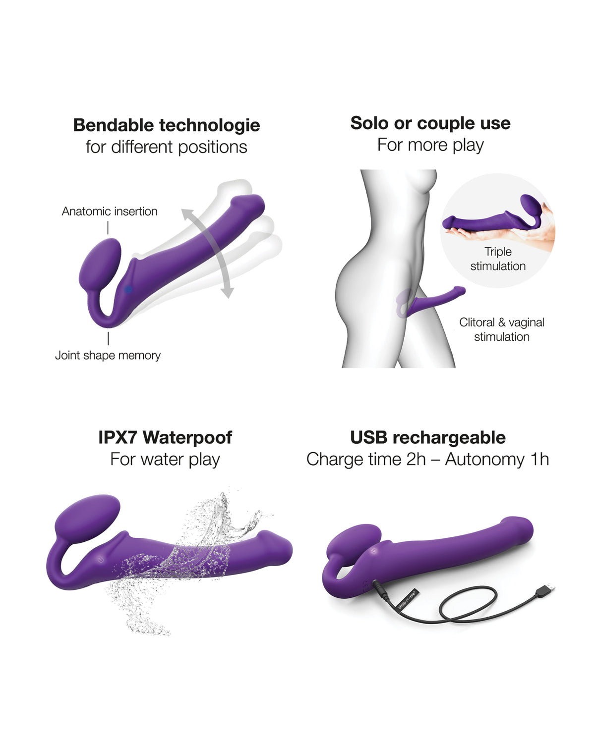 Strap-On-Me Vibrating Bendable Strapless Strap-On – Purple – Medium – view 4