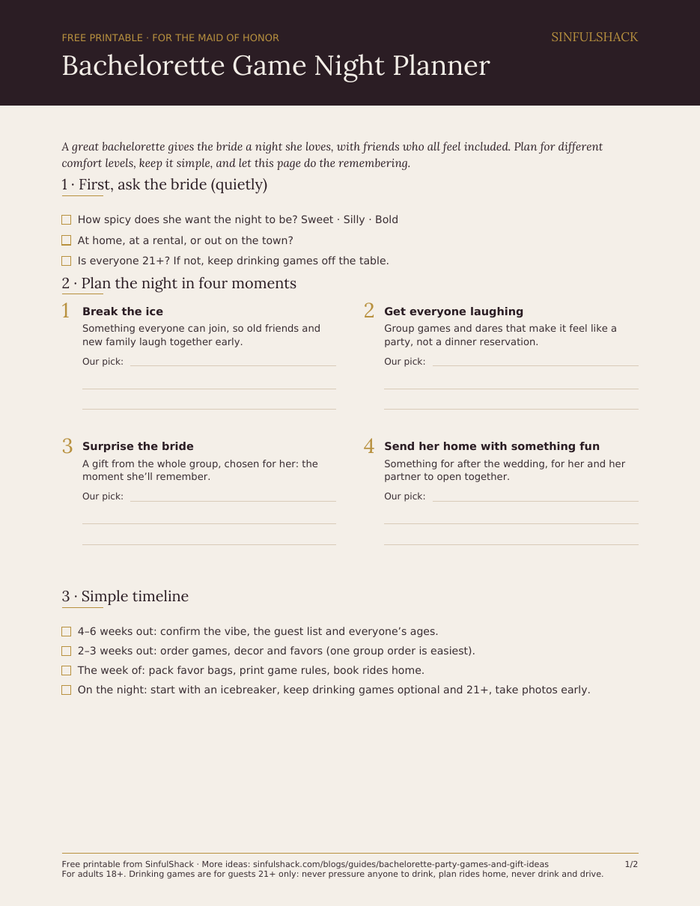 Page 1 of the free Bachelorette Game Night Planner: ask-the-bride questions, the night in four moments and a simple timeline