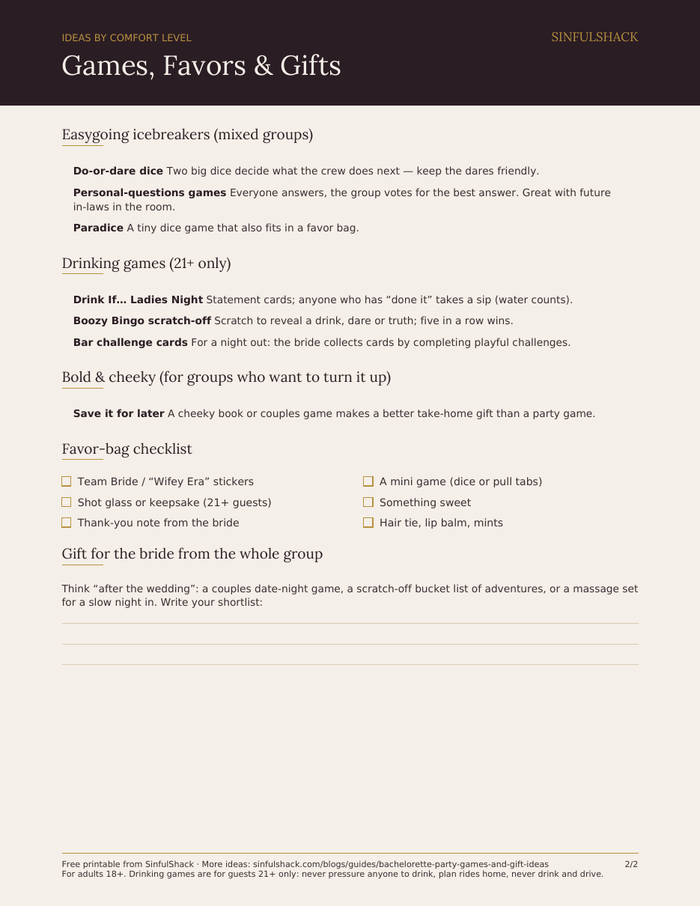 Page 2 of the free Bachelorette Game Night Planner: game ideas by comfort level, favor-bag checklist and gift shortlist
