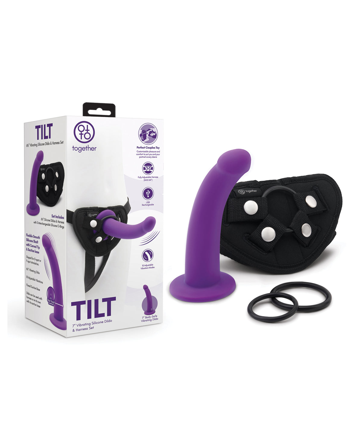 Together Tilt 6.5" Vibrating Silicone Dildo & Harness Set