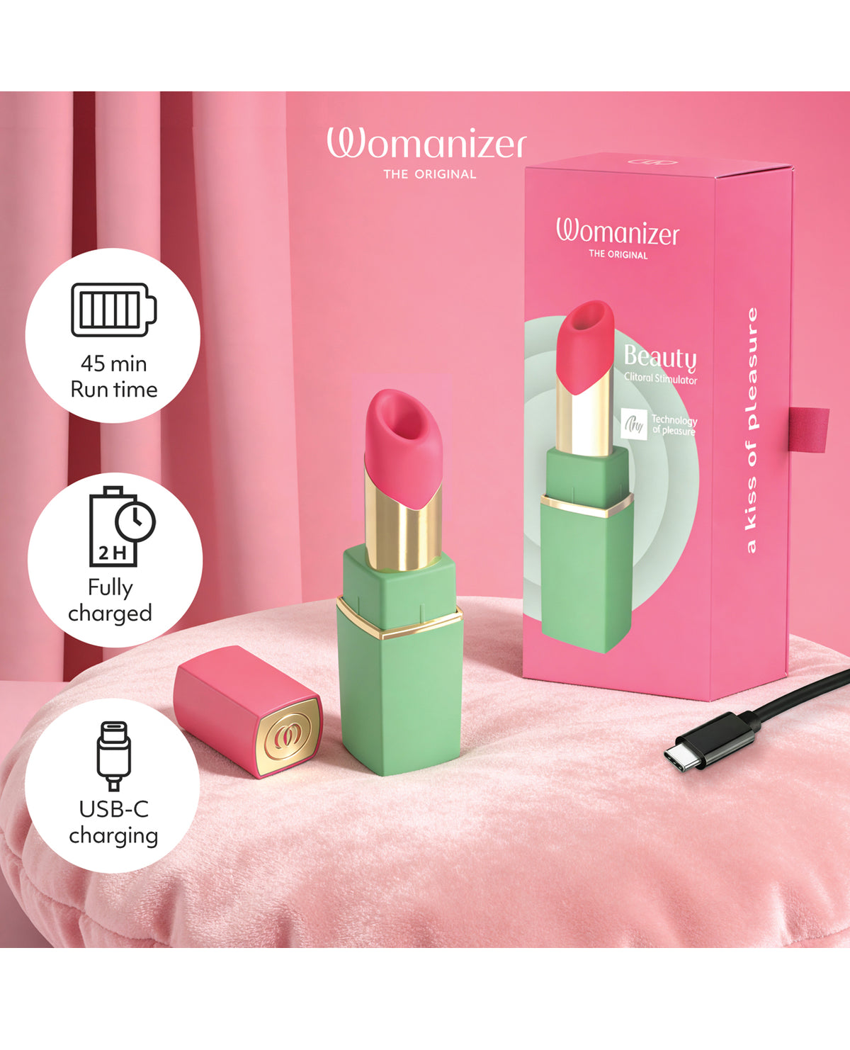 Womanizer Beauty Lipstick Pleasure Air Toy – Green/Pink – view 5
