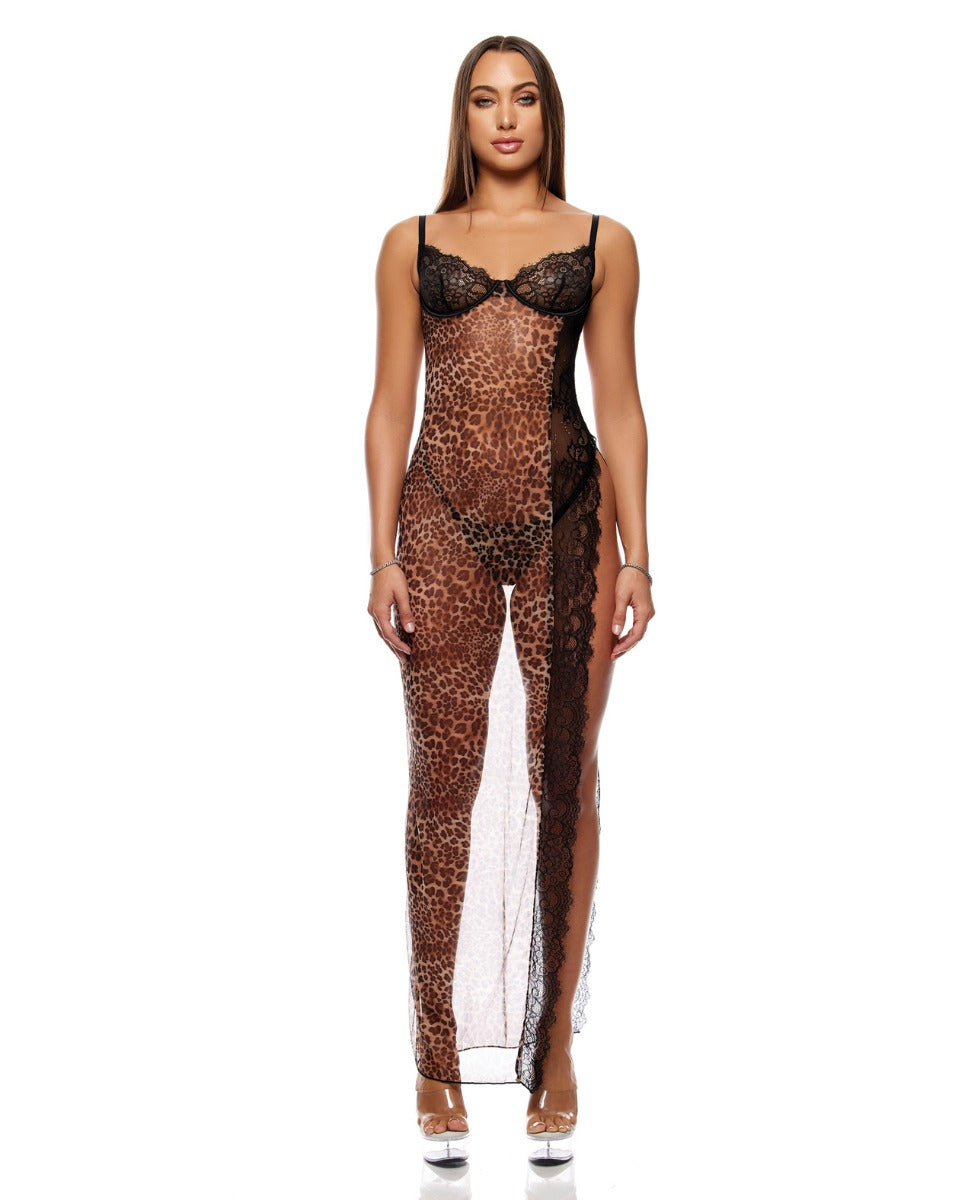 Animal Instincts Sheer Mesh and Lace Gown w/Thong 2 pc Set - Animal lingerie