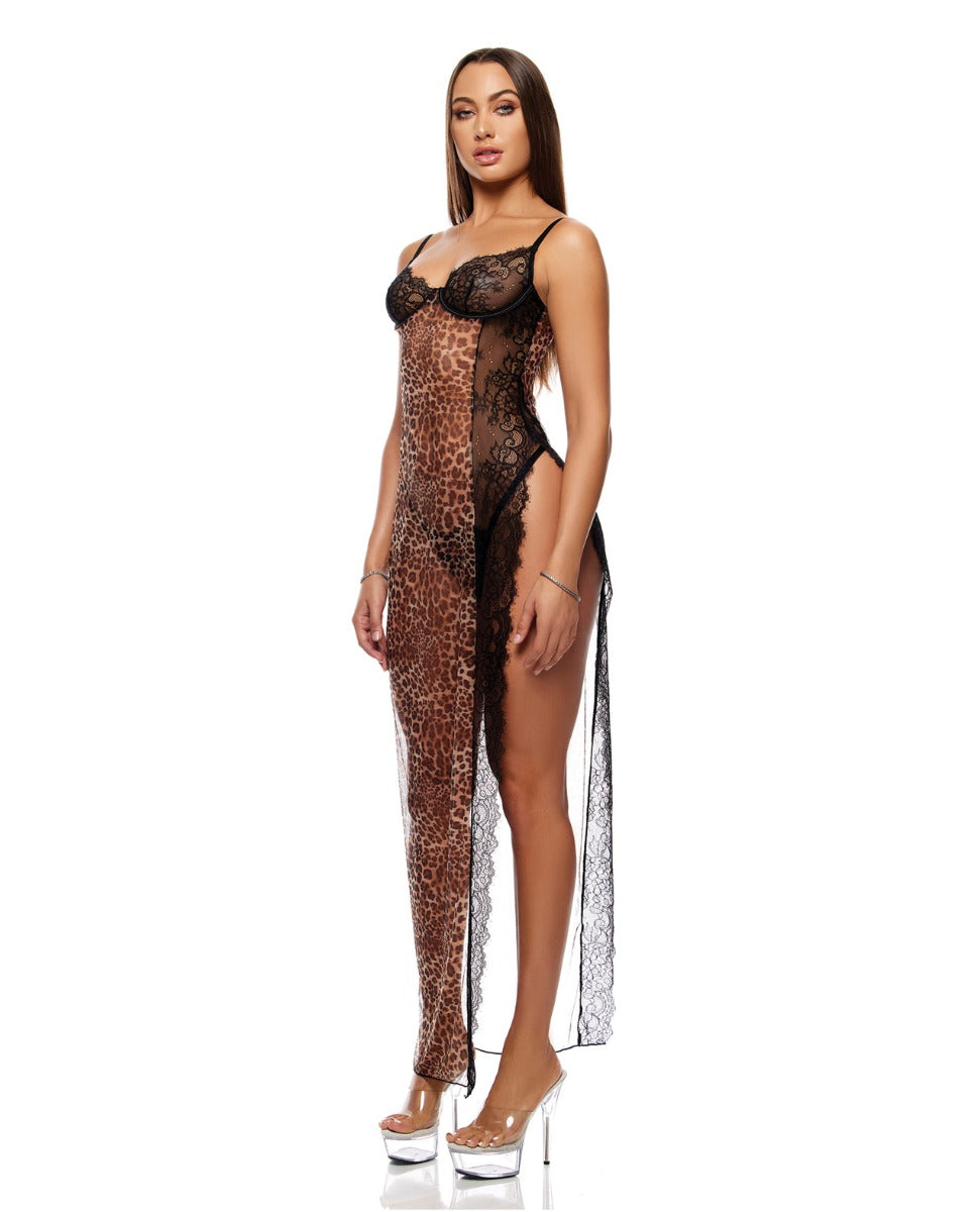 Animal Instincts Sheer Mesh and Lace Gown w/Thong 2 pc Set - Animal lingerie