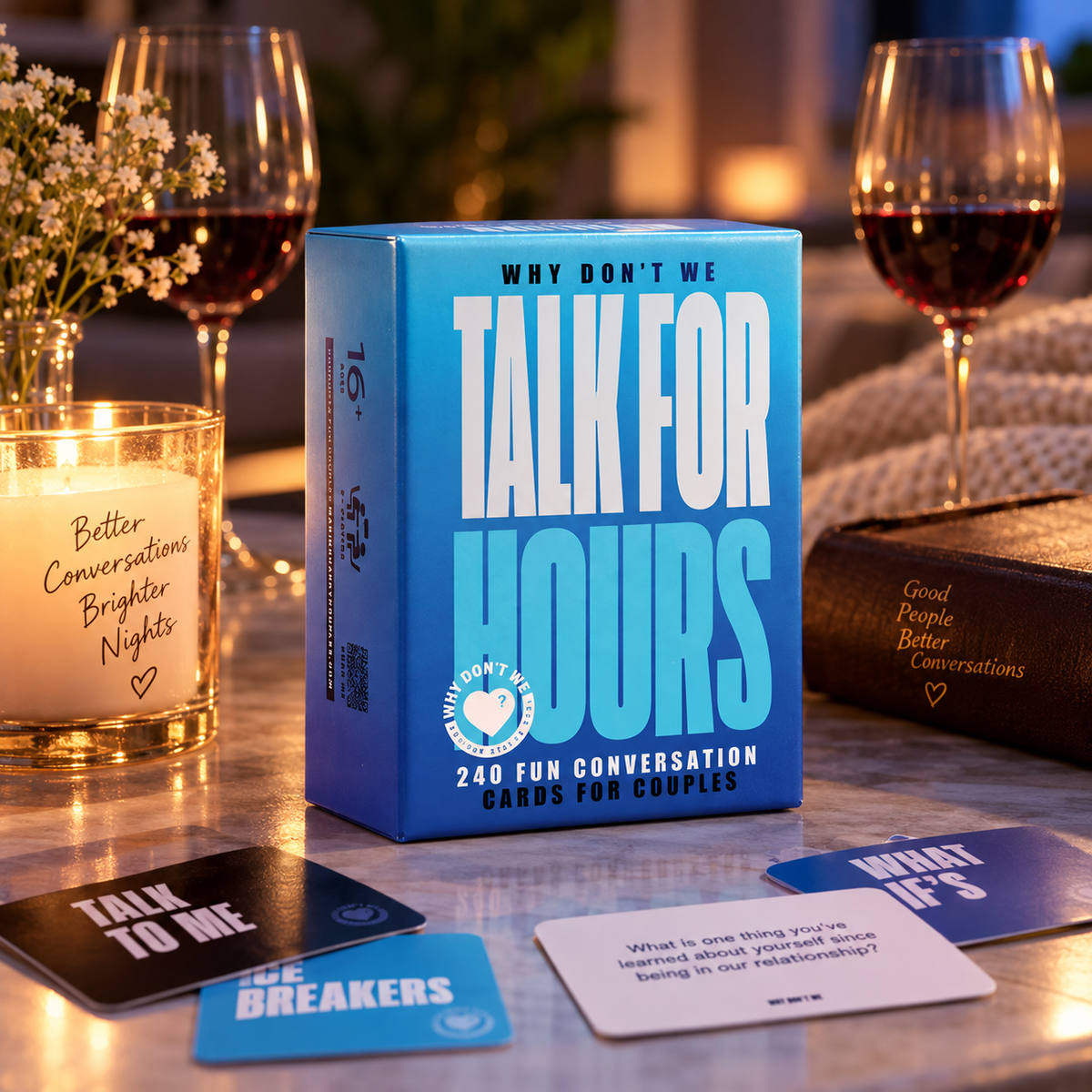 Talk For Hours couples conversation card game in a date-night setting